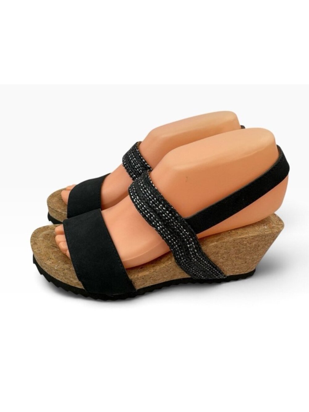 -MUK LUKS Wendy Cork Wedge Sandals Womens 7 Black Sparkling Woven Strap Resort